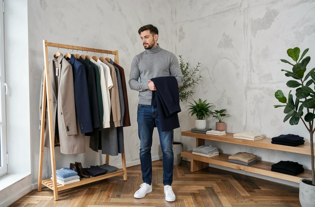 Homme parcourant des vêtements dans une boutique minimaliste moderne pour construire son style personnel iconique