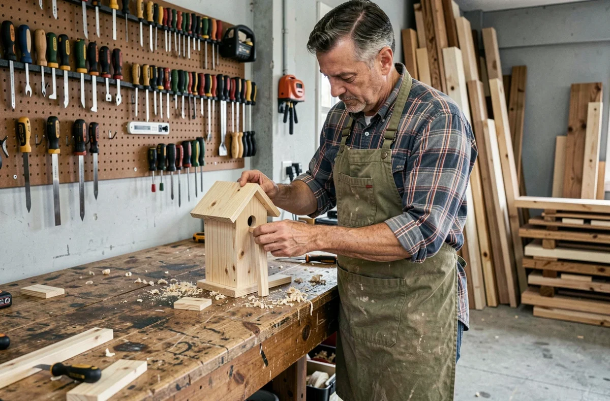Homme bricolant une cabane à oiseaux dans un atelier de garage pendant son temps libre