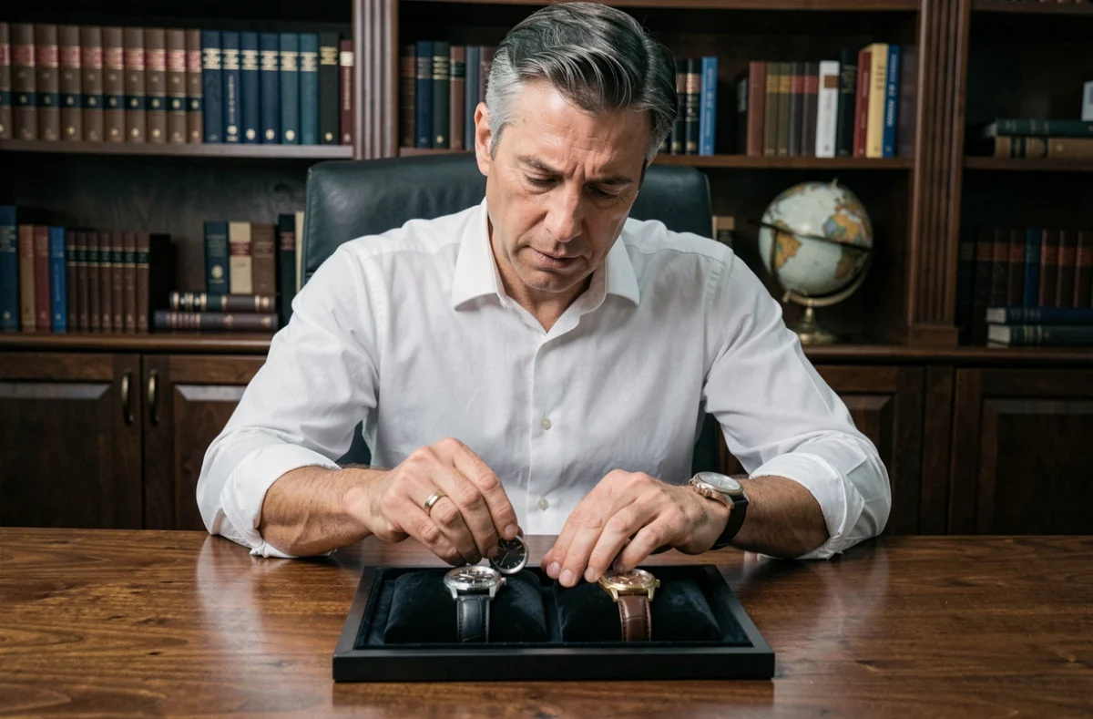 Homme comparant deux montres de luxe de grandes marques de créateurs sur un plateau en velours