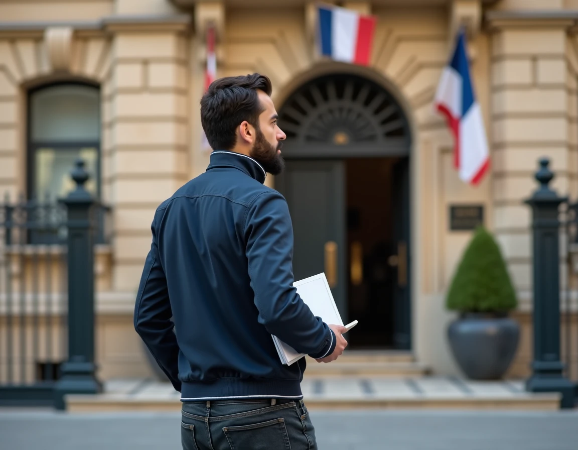 Homme devant le bâtiment d'un consulat français tenant des documents pour une demande de visa