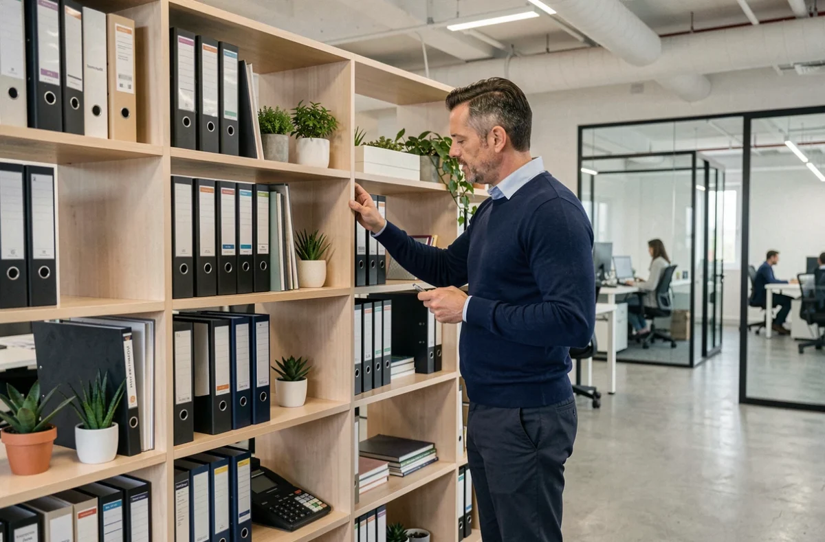 Homme arrangeant des étagères dans un bureau open space moderne pour optimiser l'espace de travail