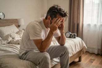 Homme épuisé assis au bord du lit à 4h du matin illustrant le manque de sommeil