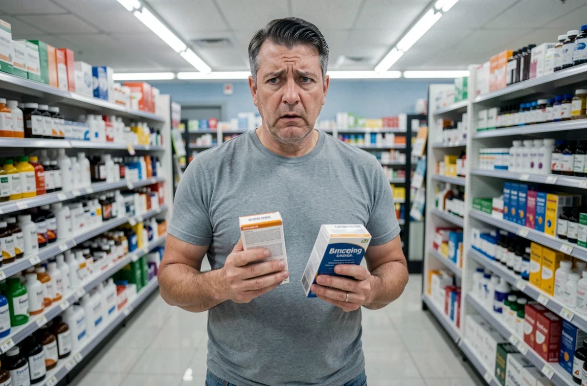 Homme indécis en pharmacie tenant des compléments, illustrant les comportements compulsifs liés à la dopamine