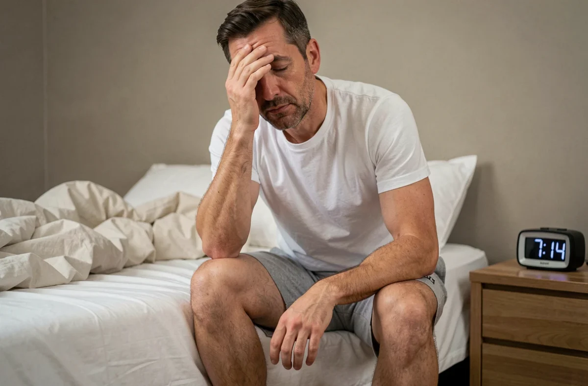 Homme se réveillant au bord du lit après une nuit de sommeil, illustrant les signes d'un sommeil profond récupérateur