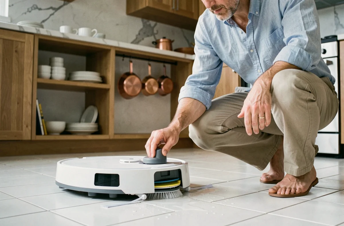 Homme inspectant un robot aspirateur laveur sur carrelage blanc dans une cuisine contemporaine