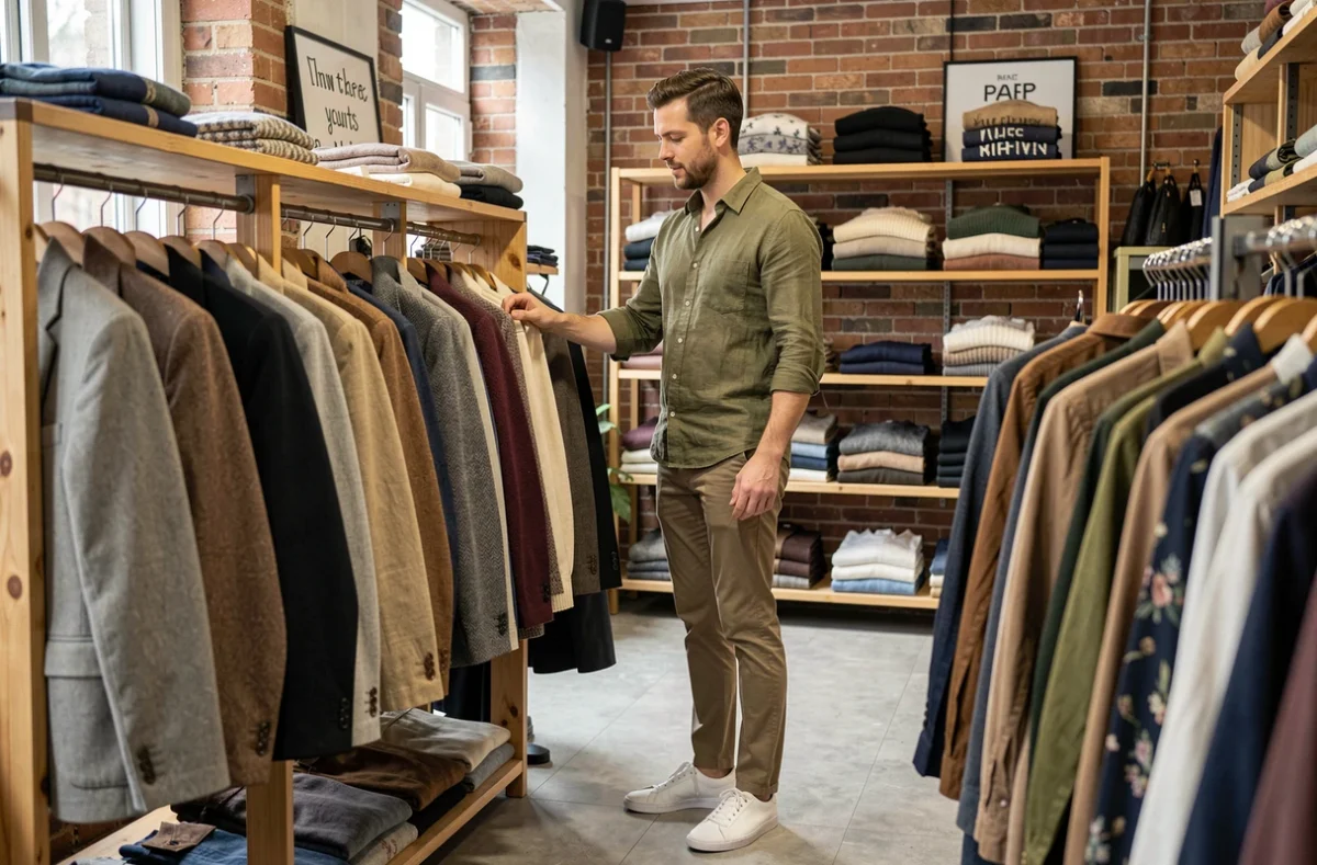 Jeune homme parcourant des vêtements vintage dans une boutique de seconde main pour améliorer son style personnel
