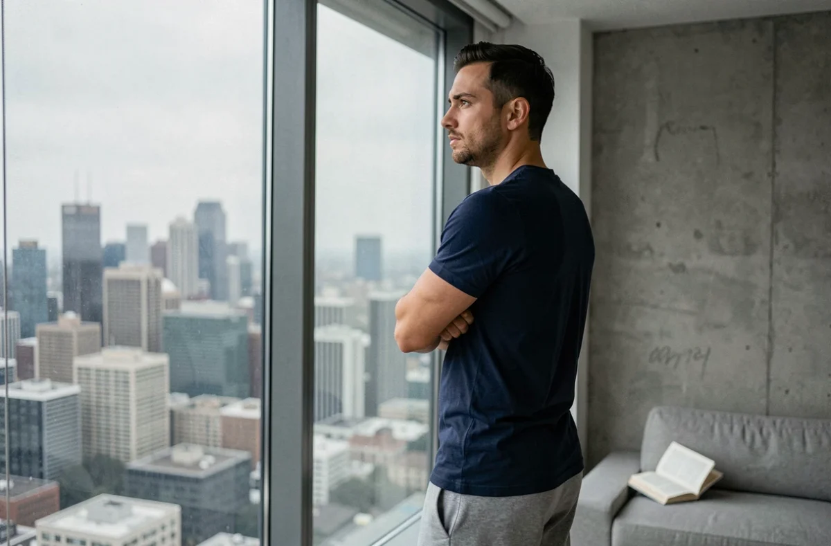 Homme songeur regardant par la fenêtre une skyline urbaine, évoquant une sensation indéfinissable
