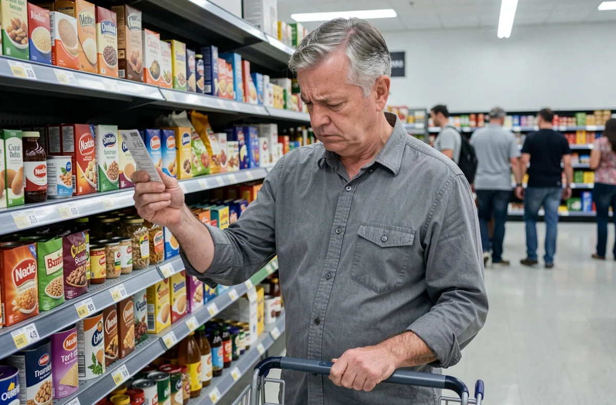 Homme constatant la hausse des prix alimentaires en supermarché en raison de l'inflation