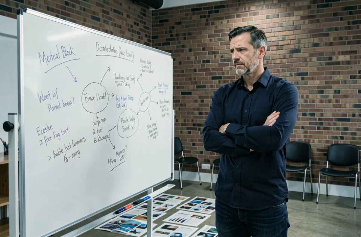 Homme face à un tableau blanc effacé, illustrant le blocage créatif lors d'un brainstorming