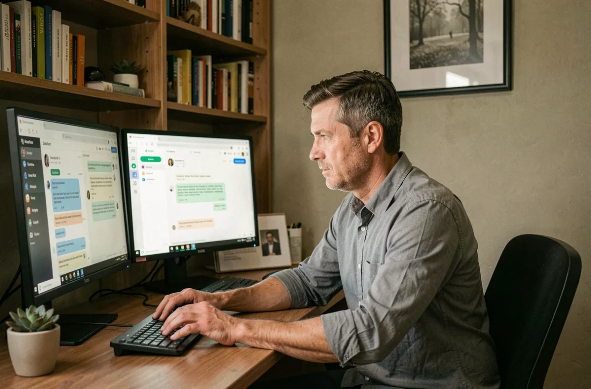 Homme en télétravail à domicile configurant les paramètres de présence sur Teams avec double écran