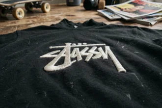 Sweat à capuche Stussy vintage avec logo brodé posé sur une table en bois, symbolisant l'histoire et la propriété de la marque streetwear