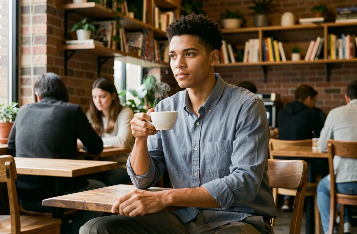 Jeune adulte à présentation neutre assis dans un café chaleureux, illustration de l'identité de genre et de la diversité 2SLGBTQI+