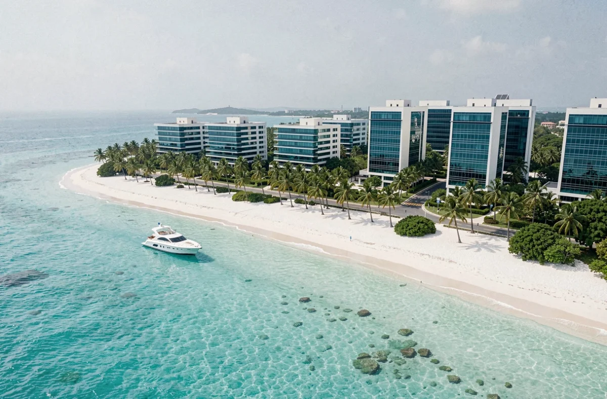 Île tropicale avec des bâtiments de bureaux modernes au bord de la mer évoquant un paradis fiscal offshore