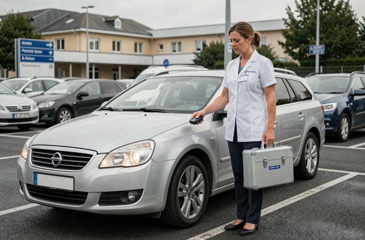 Infirmière libérale verrouillant son break diesel dans un parking d'hôpital après une journée de visites à domicile
