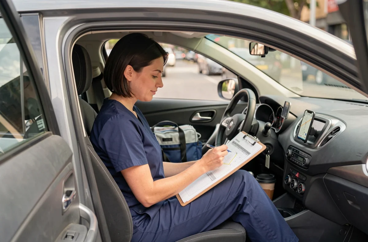 Infirmière libérale consultant son planning de tournée assise dans son véhicule compact avec GPS et matériel médical