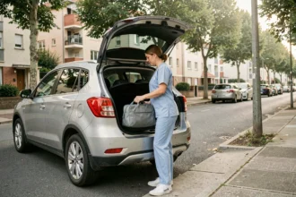Infirmière libérale chargeant son matériel médical dans le coffre d'un SUV compact devant un immeuble résidentiel