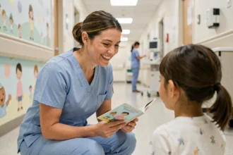 Infirmière pédiatrique souriante interagissant avec un jeune patient dans un couloir d'hôpital coloré, illustrant le plus beau métier du monde