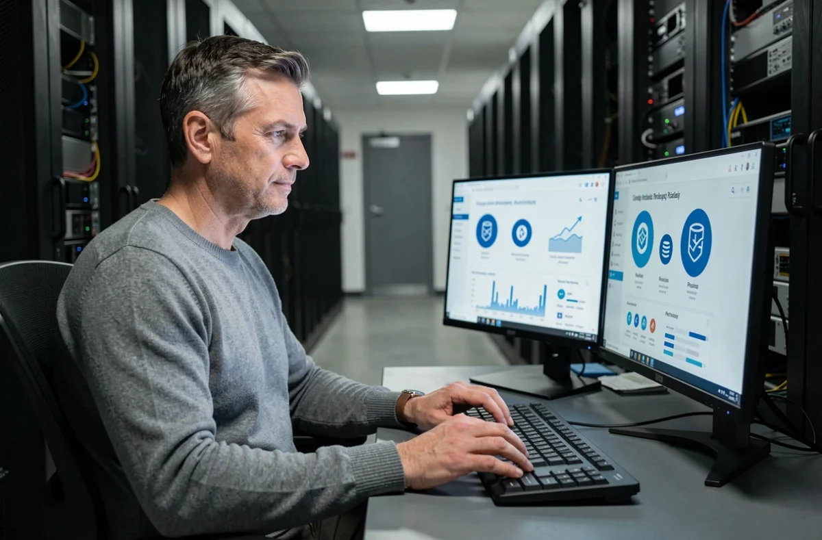 Professionnel informatique gérant des données personnelles sécurisées dans une salle de serveurs