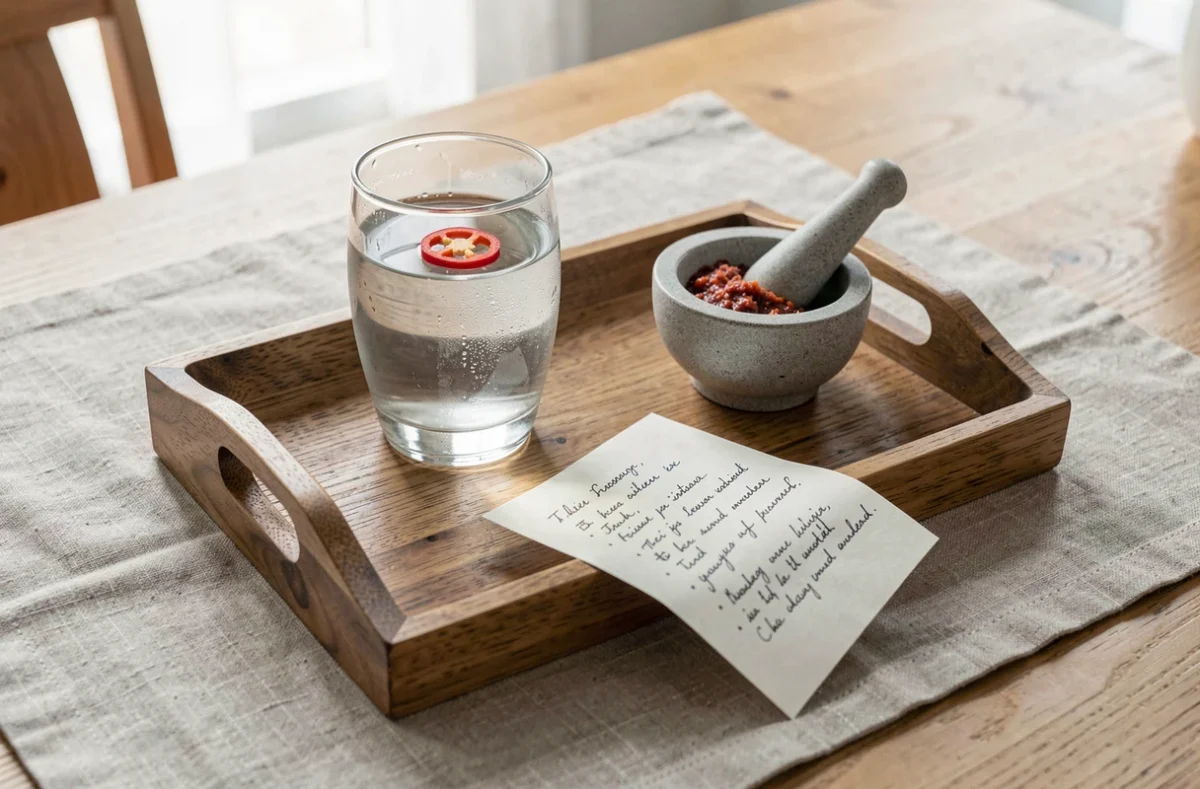 Plateau en bois avec un verre d'eau infusé au piment, un mortier et une carte de recette, évoquant les bienfaits digestifs naturels du piment