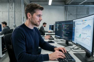 Ingénieur en intelligence artificielle comparant des modèles de langage avancés sur plusieurs écrans dans un bureau technologique moderne