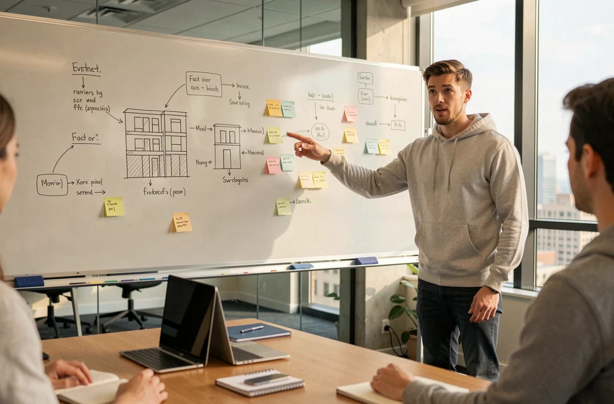 Ingénieur informatique présentant une architecture logicielle sur tableau blanc lors d'une réunion en startup