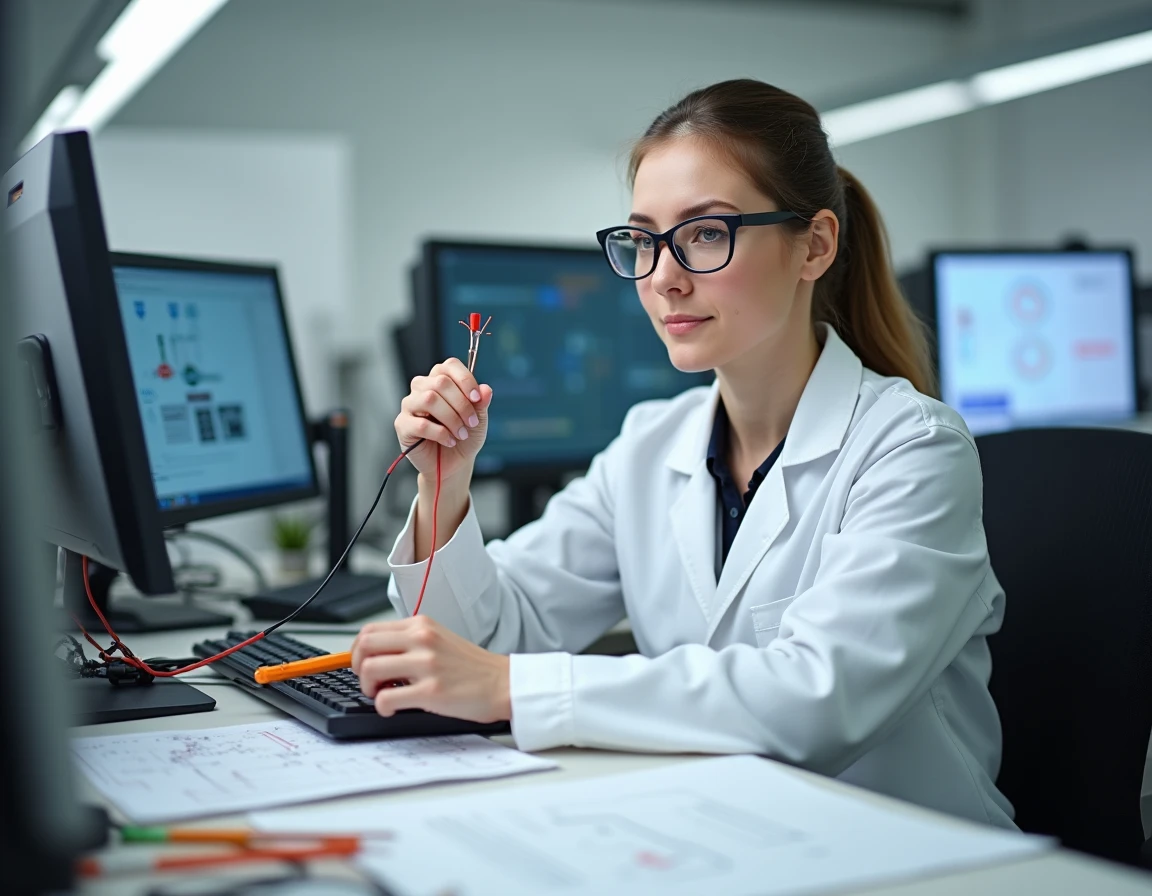 Ingénieure automobile analysant un brin électrique dans un laboratoire de recherche et développement