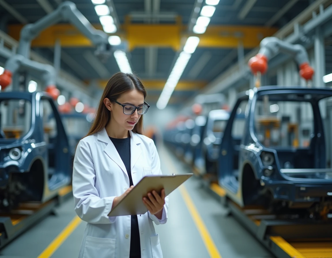 Ingénieure automobile sur une chaîne d'assemblage robotisée examinant des données de production industrielle