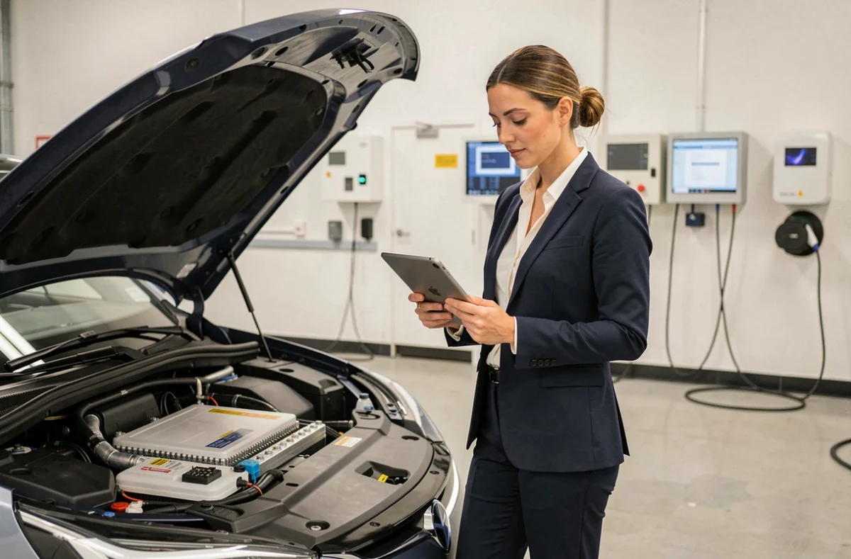 Ingénieure automobile analysant les composants d'une voiture à hydrogène dans un laboratoire
