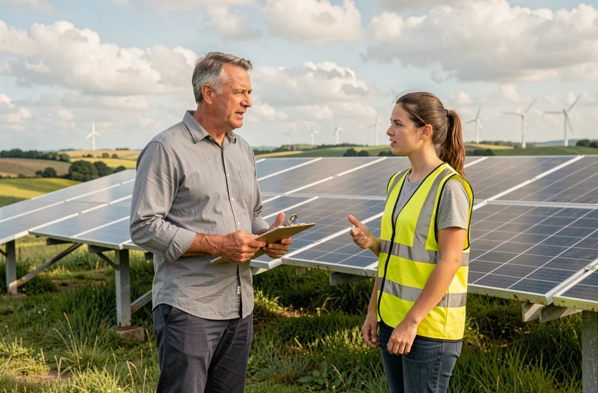 Professionnels de l'énergie renouvelable inspectant une installation de panneaux solaires dans le cadre d'un projet d'investissement ESG responsable