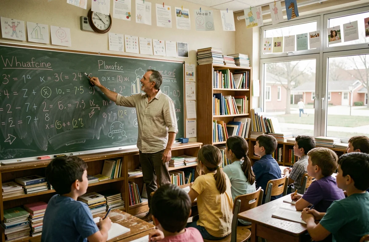 Instituteur passionné devant un tableau de classe rempli de dessins, entouré d'élèves attentifs, évoquant la vocation d'enseigner