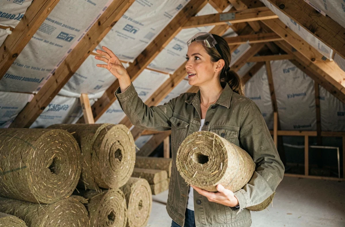 Femme installatrice posant des rouleaux de laine de chanvre dans les combles d'une maison en cours d'isolation