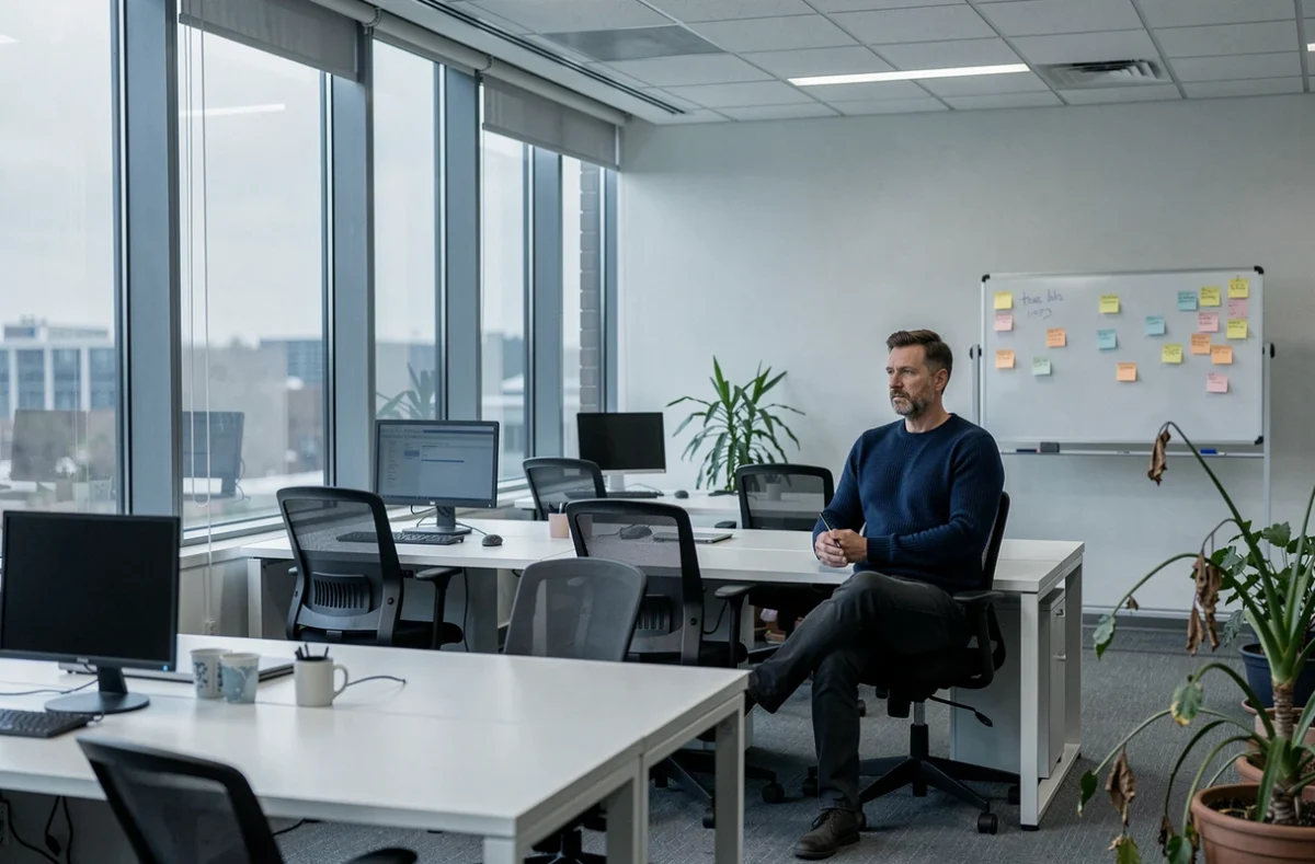 Homme seul dans un open space vide illustrant l'isolement social lié au télétravail hybride