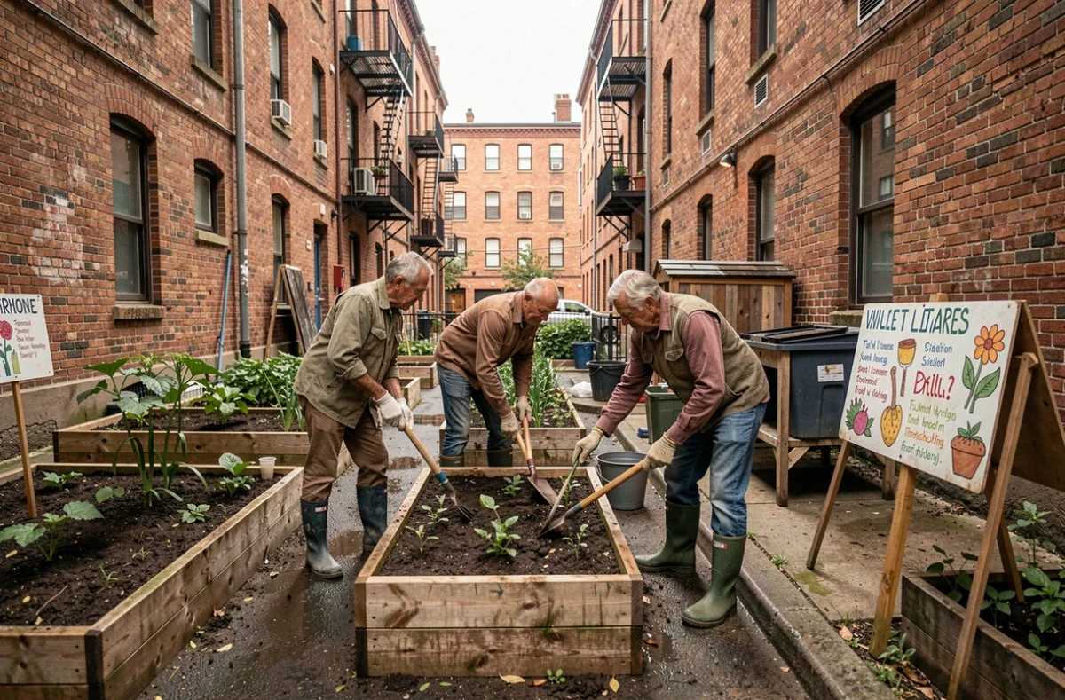 Groupe de résidents collaborant dans un jardin communautaire urbain entre des immeubles d'appartements