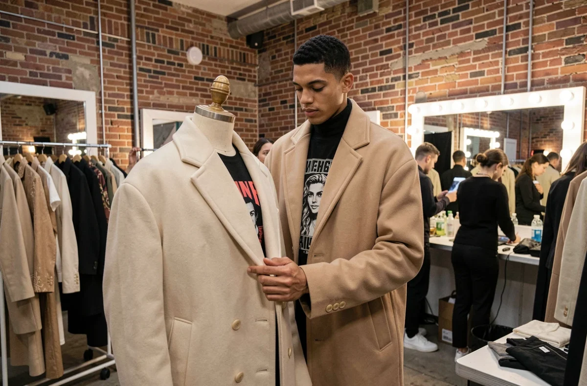 Jeune créateur de mode présentant une tenue finale en coulisses avant un défilé de haute couture