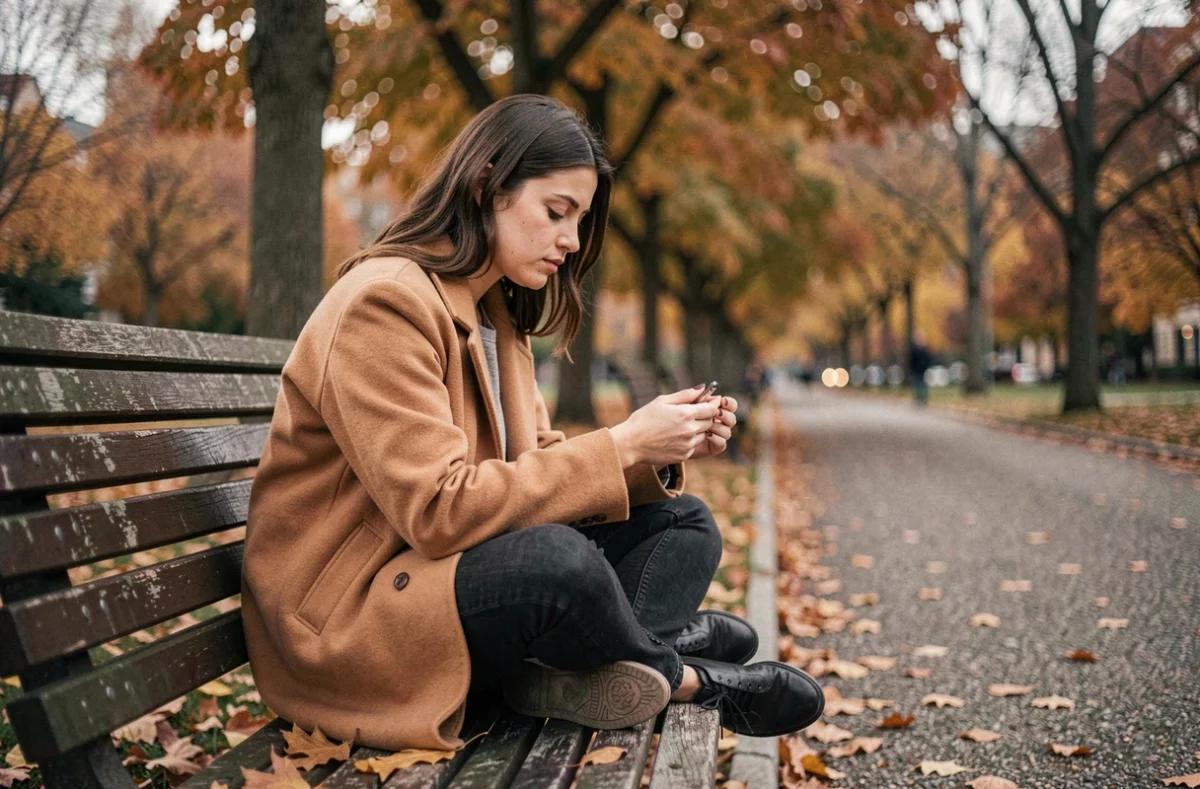 Jeune femme pensive assise sur un banc de parc en automne, symbolisant une impression floue et intérieure
