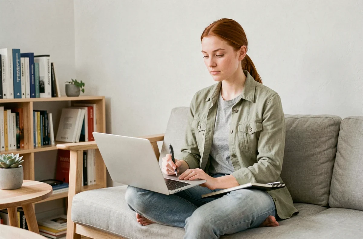 Jeune femme travaillant sur son projet entrepreneurial depuis son bureau à domicile