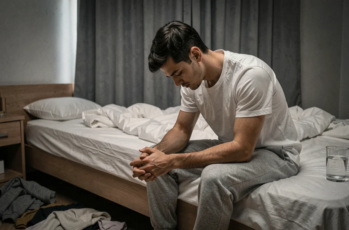 Jeune homme épuisé assis sur un lit défait dans un appartement sombre, symbolisant la dépression masculine
