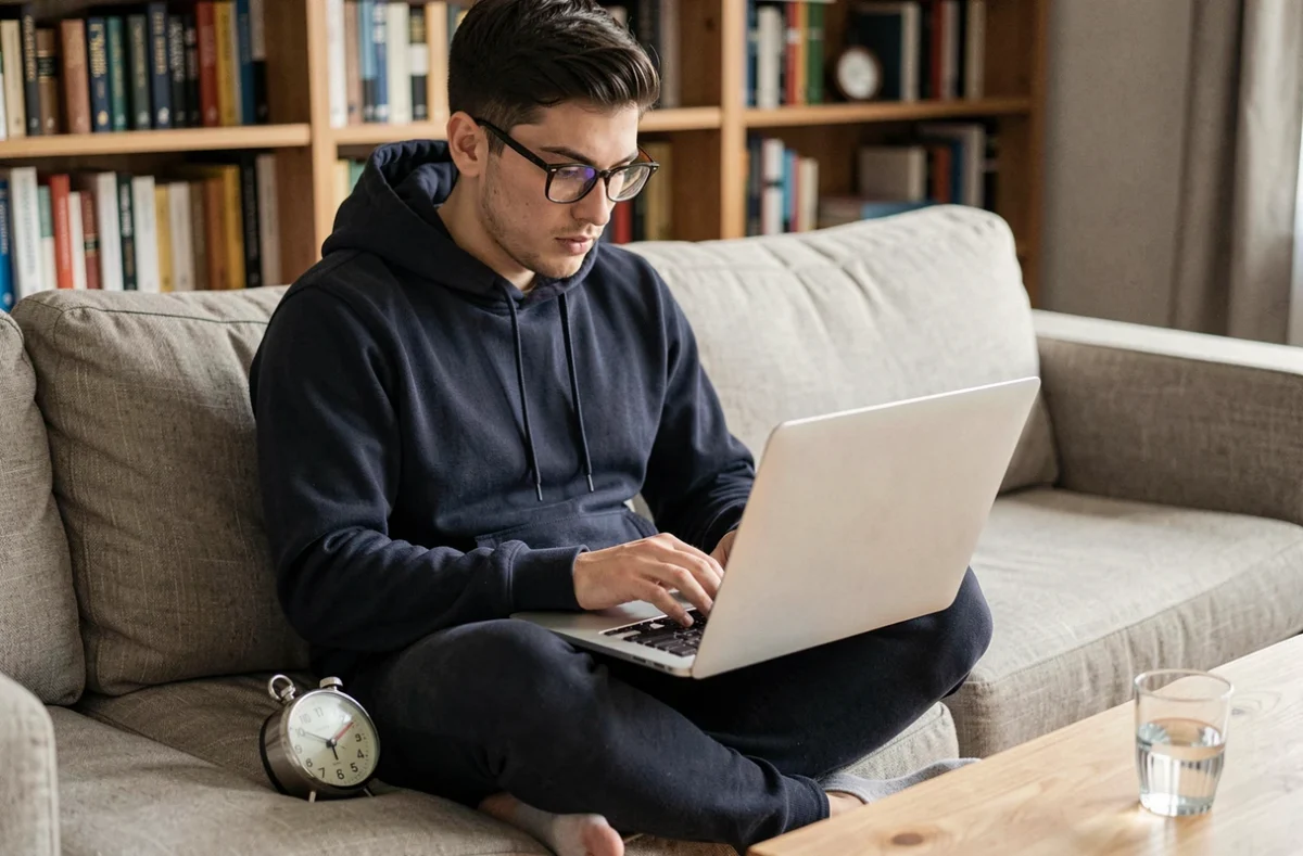 Jeune homme utilisant un minuteur et un ordinateur portable pour appliquer la technique Pomodoro et optimiser sa productivité