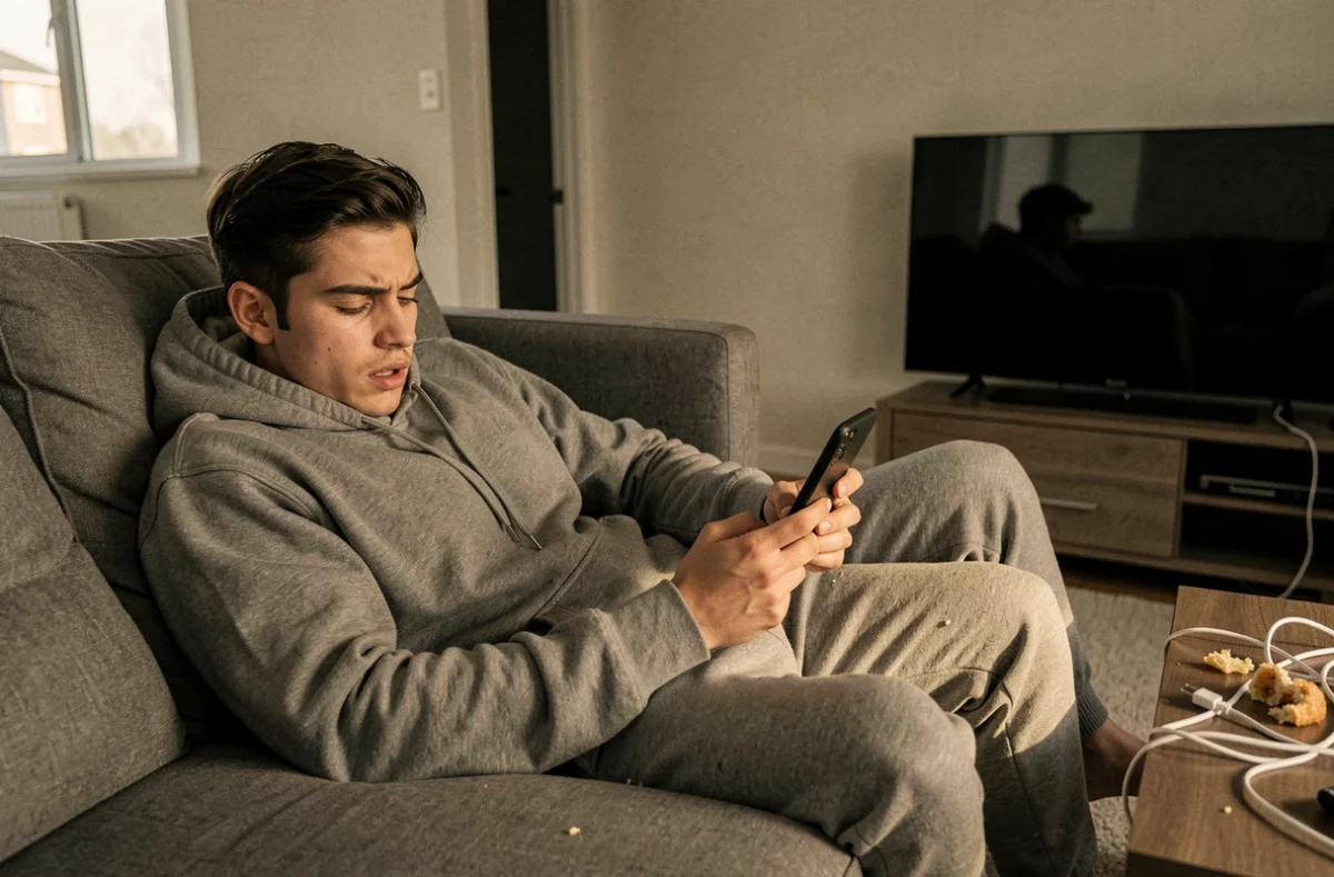 Jeune homme allongé sur un canapé fixant son téléphone, illustrant la dépendance aux écrans et l'excès de dopamine