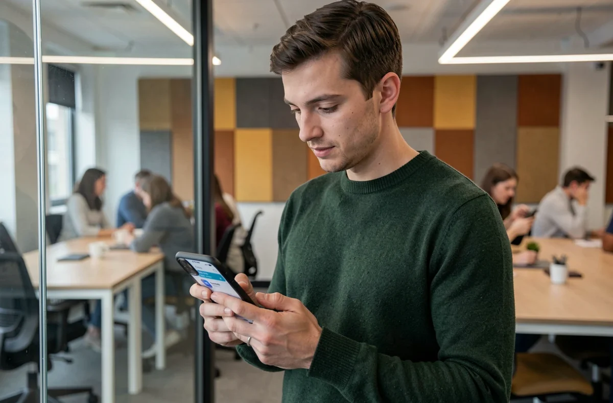 Jeune professionnel consultant les notifications Microsoft Teams sur smartphone dans un espace de coworking
