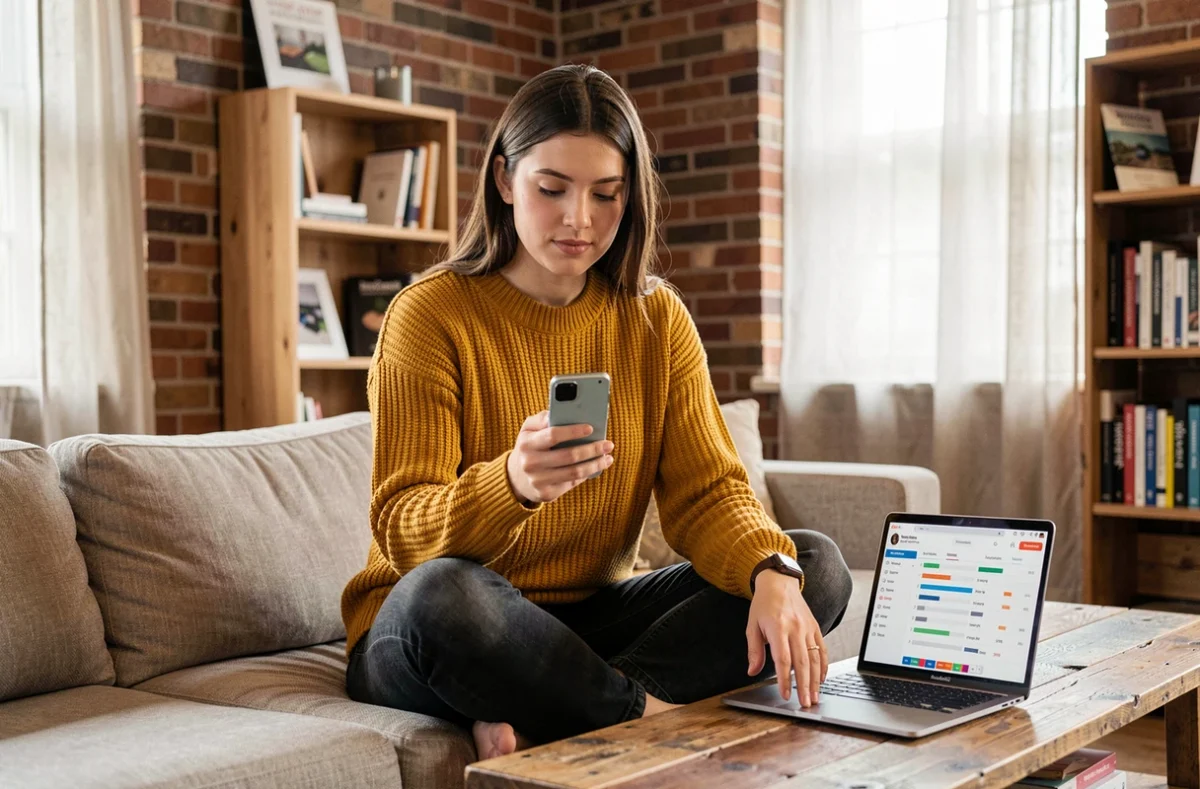 Jeune professionnelle gérant une stratégie de marketing digital sur smartphone et ordinateur portable dans un espace créatif