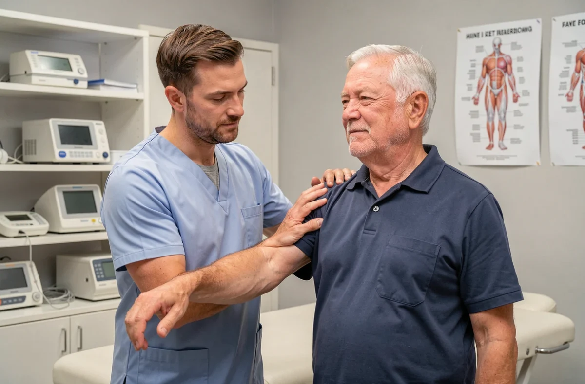 Kinésithérapeute aidant un patient senior à réaliser un exercice de mobilité de l'épaule en cabinet de rééducation