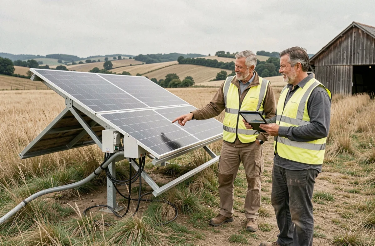 Deux techniciens évaluant la puissance d'un kit solaire autonome installé en plein champ dans un contexte rural français