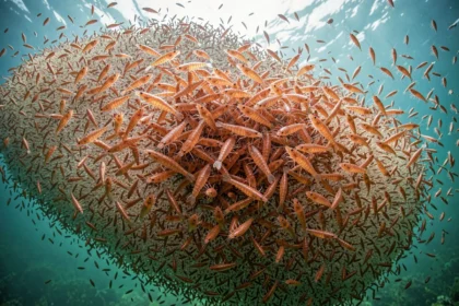 Nuée dense de krill antarctique sous l'eau illustrant la plus grande biomasse animale de la planète