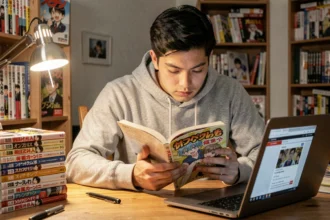 Jeune homme lisant un manga japonais à son bureau entouré de volumes empilés, illustrant l'attente des nouveaux chapitres de One Punch Man
