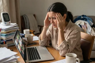 Femme stressée en télétravail dans un appartement encombré, illustrant les limites entre vie professionnelle et personnelle