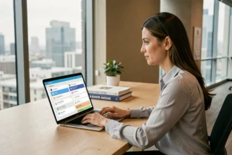 Traductrice professionnelle utilisant un logiciel de traduction assistée par ordinateur sur son laptop dans un bureau moderne
