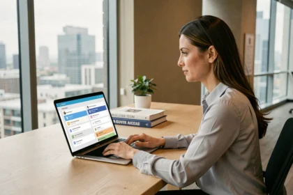 Traductrice professionnelle utilisant un logiciel de traduction assistée par ordinateur sur son laptop dans un bureau moderne