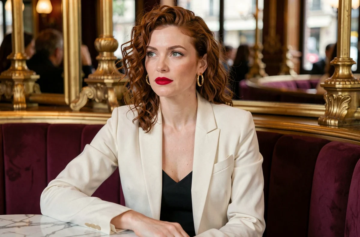 Femme au look iconique chic assise dans une brasserie parisienne avec un blazer ivoire et lèvres rouges