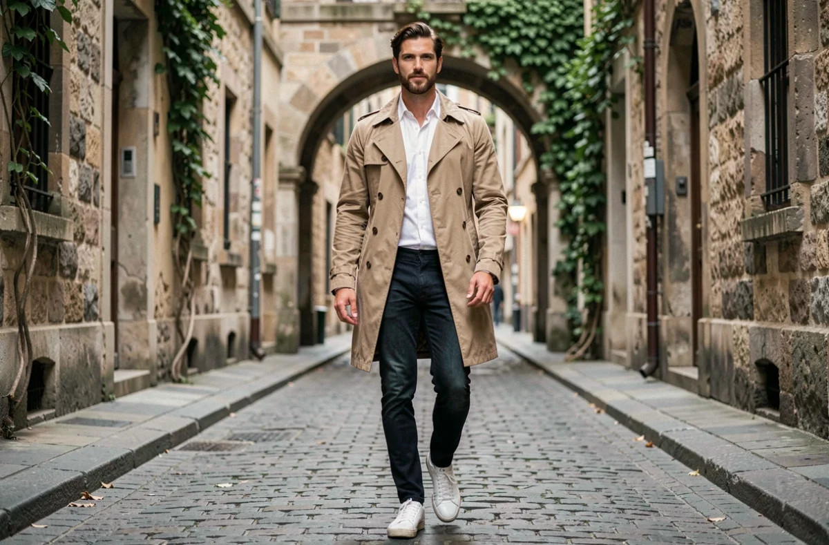 Homme au style iconique en trench coat vintage marchant sur des pavés dans une rue européenne